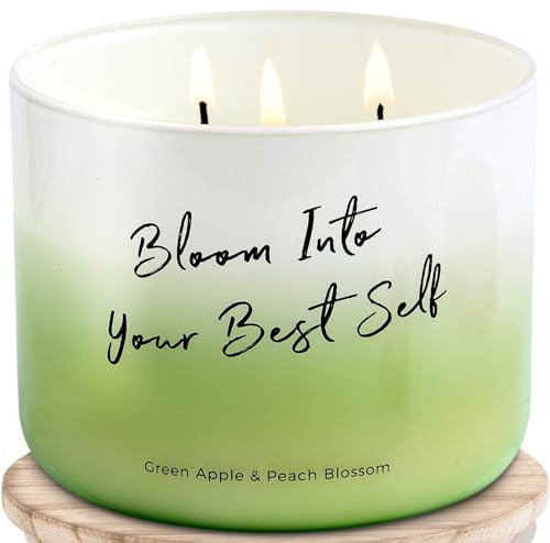 Green Apple Peach Blossom 3 Wick Scented Candles for Home - Large Summer Candles 15.8 oz - Aromatherapy Relaxing Soy Candle for Women & Men, Uplifting Gift Quote Candle Bloom Into Your Best Self