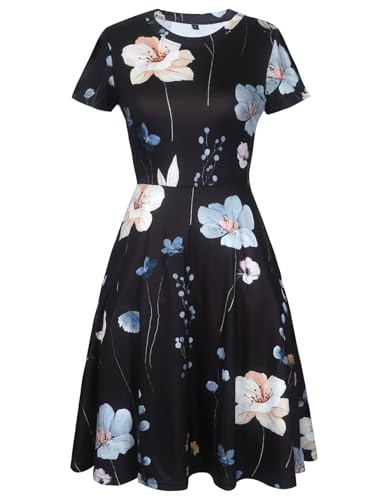 Image of oxiuly Women Casual Dress Round Neck Soft Cotton Floral A-Line Midi Summer Dresses with Pockets OX262