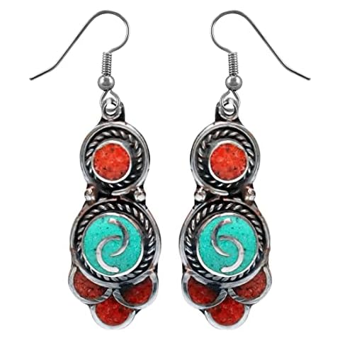 Handmade Drop Earrings for Women, Turquoise Coral Gemstone Earring, Ethnic Designer Silver Plated Fashion Jewellery for Gifts Cover