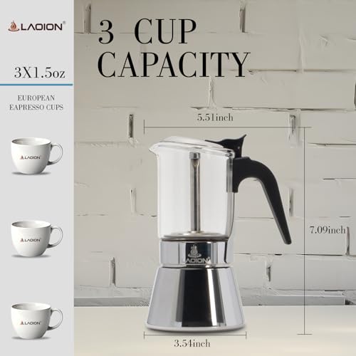 Image of LAOION Stovetop Espresso Maker, 3Cup 160ml Moka Pot, Cuban Coffee Maker | Crystal Glass-top & Stainless Steel Coffee Maker Mocha Pot, Greca De Cafe, Cuban and Italian Coffee Maker for Cafetera Cubana