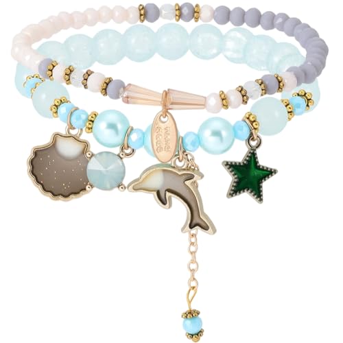 PONABEADIY 1 Box 2PCS Blue Dolphine Bracelet with Drawstring Bag Summer Ocean Crystal Glass Star Shell Alloy Enamel Cute Sea Charm Beaded Stretch Bracelet for Women Party Gifts Fashion Accessories