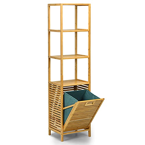 LIFEZEAL Armoire Haute en Bambou avec Panier à Linge, Armoire de Salle de Bain avec 3 Compartiments Ouverts, Étagère Rangement à 4 Niveaux, 40 x 33 x 160...