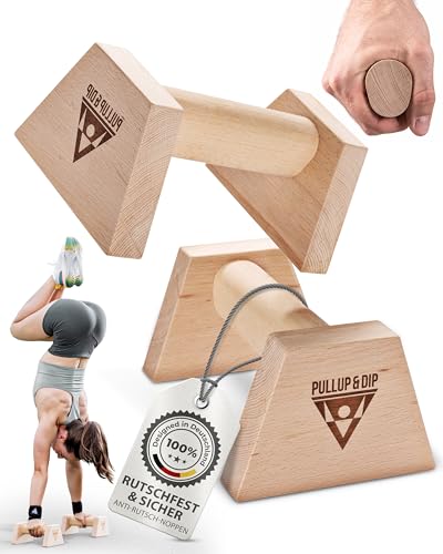 PULLUP & DIP push-up bars van hout inclusief polsbandages - ergonomische handstandhandvatten, antislip push-up bars voor gymnastiek, fitness en bovenlichaamstraining