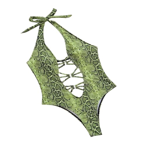 Women Sexy One Piece Thong Swimsuit Female Snakeskin Printed Halter Swimwear
