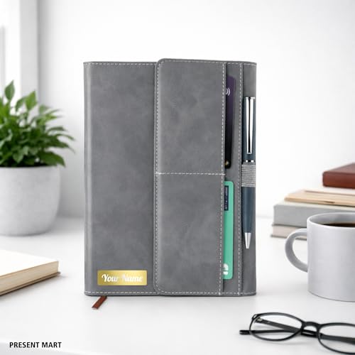 Image of FoldBook Stash Personalized Name Print A5 Notebook with Magnetic Flap Closure, 3-Fold Organizer Cover with Pockets & Pen Slot, 192 Pages 80 GSM Paper, Bookmark Ribbon, Custom Journal for Office School Gifts (GREY)