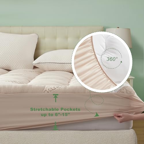 Image of BEDLORE Twin Mattress Topper Viscose Bamboo, Thick Pillow Top Mattress Pad | Stretchable Pockets Fit 6 inch-15 inch Mattress, Soft Breathable Mattress Topper for Back Pain Relief and Hot Sleepers(Beige)