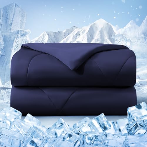 Image of Cooling Comforter Twin Size, Double-Sided Cold Tech Fabric Quilted Bed Comforters Cooling Blanket for Hot Sleepers, Breathable Lightweight Summer Bedding, All-Season Ice Blanket, Navy Blue