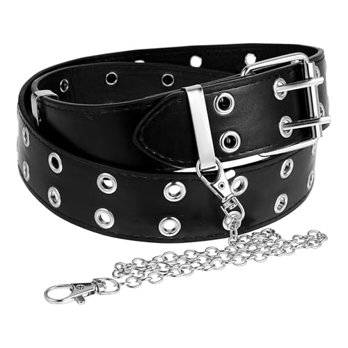 JJUNW Cinturón Punk, Cinturón de Cuero Negro con Doble Ojal y