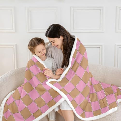 Image of Erosebridal Gaming Plaid Fuzzy Plush Throw Geometric Checkered Fleece Blanket Pink Brown Sherpa Blanket for Kids Boys Girls,Cute Checkerboard Decor for Bed Couch Queen 90 inchx90 inch