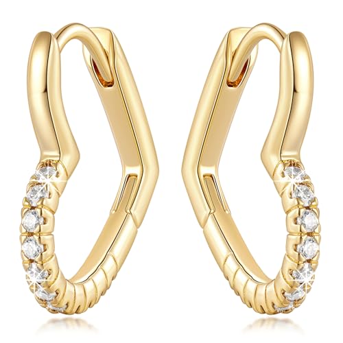 Gold Earrings 14K Gold Hoop Earrings for Women with Cubic Zirconia Classic Heart Design Dainty Statement Earring for Women Trendy