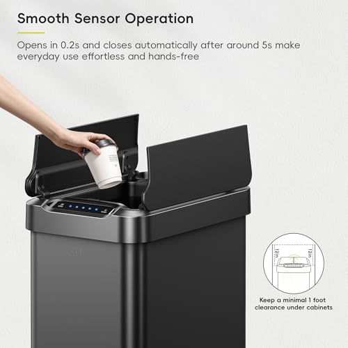 Image of EKO Phantom-T 13.2 Gallon / 50L Automatic Sensor Kitchen Trash Can or Recycling Bin, Slim Stainless Steel Touchless Garbage Bin with Soft-Close Dual Wing Lid for Home & Office, Matte Black