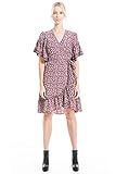 Max Studio Women's Crepe Ruffle Sleeve Wrap Short Dress, Deep Purple/Clay Climbing Floral, Medium