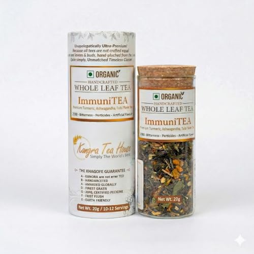 Image of Kangra Tea House ImmuniTEA (Combo of 2 20g pack) Artisanal Whole Leaf Green Tea Blend with Turmeric, Ashwagandha & Tulsi | GI Tagged & NPOP Organic Certified | Holistic Wellness & Defense Support | First Flush, 0 Bitterness | From Palampur, Himachal Pradesh