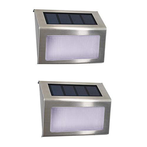 Luces Solares para Exterior Jardín 4 LED Easternstar, Lámparas Solares impermeable IP44 Exterior, Solar Panel del acero inoxidable, 4 LEDs Ilumina a las escaleras, pared,patio y jardín etc 2 unidades