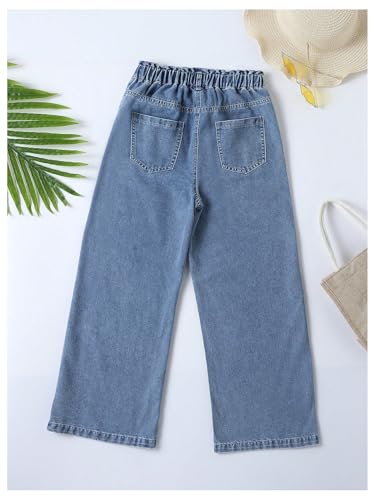 OYOANGLE Girl's Wide Leg Denim Jeans Elastic Waist Button Front Baggy Pants with Pockets2