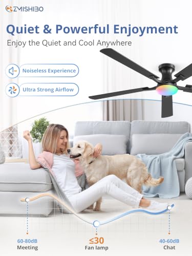 Image of ZMISHIBO 60 Inch RGB Ceiling Fan with Light, Remote&App Control,Flush Mount | Low Profile, Dimmable 20W LED Light, Quiet Reversible Motor, Strong Airflow, Easy Install for Bedroom /Living Room /Apt, Black
