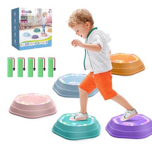 Image of Holyton Upgraded Music Light-Up Stepping Stones for Kids, 5-Pack Sensory Balance Toys with Batteries, Non-Slip Design, for Ages 3–8, Ideal for Sensory Training, Indoor & Outdoor Play, Great Gift Idea