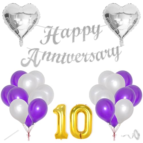 Image of Flyloons 10th Happy Anniversary Decoration Items Purple for Men Women Husband Wife Mom Dad Parent Couple Home Bedroom Car With 20 Pcs Metallic Balloons Anniversary Banner 2 Pcs Heart Set Kit