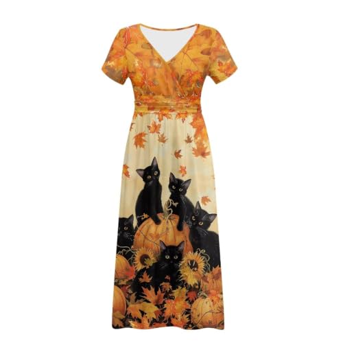 Image of Women's Fall Summer Short Sleeve Ankle Length V-Neck Party Dress with Pockets Size S-3XL