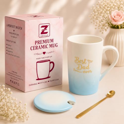 Image of ZAICUS Best Dad Ever Coffee Mug with Lid & Spoon, Ceramic Gift for Father | Suitable for Hot & Cold Beverages | Ceramic Mug | Elegant White & Blue Gradient Finish