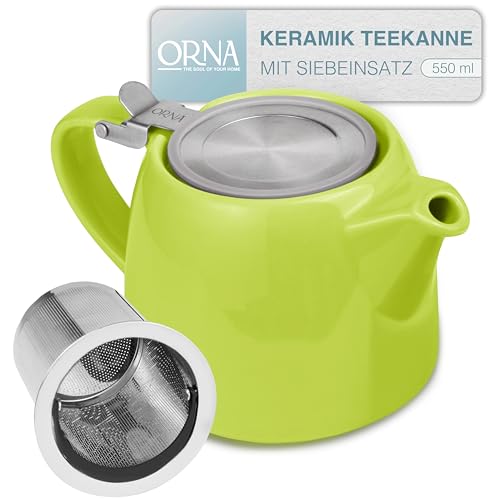 ORNA Keramik Teekanne mit Siebeinsatz 550 ml – Kleine Teekanne für losen Tee – 0.5L Teapot mit Teesieb für 2 Tassen – Stumpf Teekannen mit Filter (Limettengrün)