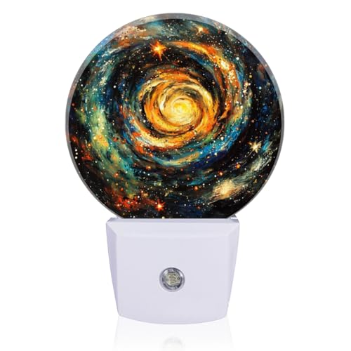 Image of LED Night Lights Lamp with Dusk to Dawn Sensor, Orange-Blue Rotating Galaxies Night Light Plug Into Wall for Kids Room, Bedroom, Bathroom, Kitchen, Hallway