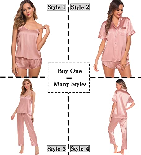 Image of SWOMOG Womens Silk Satin Pajamas Sets 4pcs Sleepwear Sexy Cami Shorts Set and Button Down Short Sleeve Pjs Loungewear
