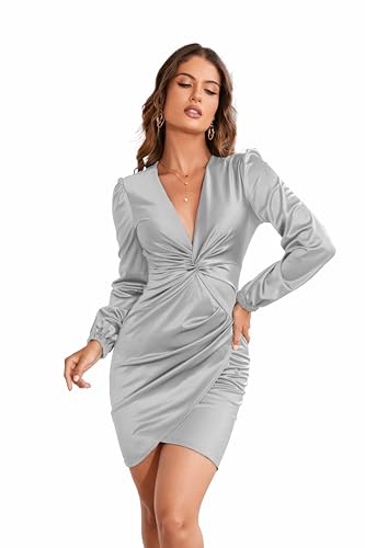 Image of FairyLove Women's Elegant Empire Waist Long Sleeve Wedding Guest Party Cocktail Bodycon Irregular Satin Dresses