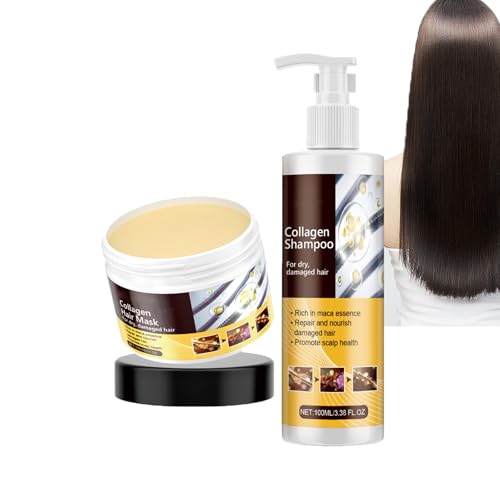 Dyceittdia 2pcs Cuidado del cabello con colágeno, 100ml Champú de Colágeno y Mascarilla Capilar con Colágeno, Suaviza y da brillo, Mejora las puntas Encrespadas y Secas, hair mask1