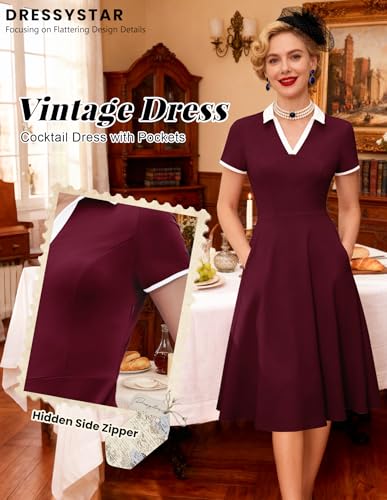 Image of Dressystar Women's 1950s Vintage Swing Dress Short Sleeve V Neck A Line Retro Rockabilly Cocktail Party Dresses With Pockets