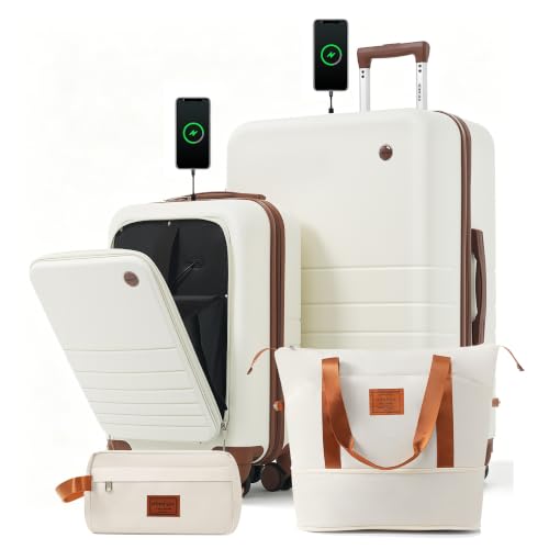 Image of 4-Piece Luggage Set, Suitcase with TSA Lock Travel Duffel Bag Wet-Dry Toiletry Bag, Ivory Front-Opening
