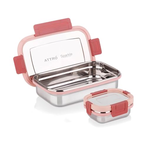 Image of ATTRO Sparkle Big Stainless Steel Lunch Box 2-Piece Set - 900ml + 200ml - Leak-Proof, BPA-Free, Compact & Durable - Ideal for Kids, Office, Travel - Peach