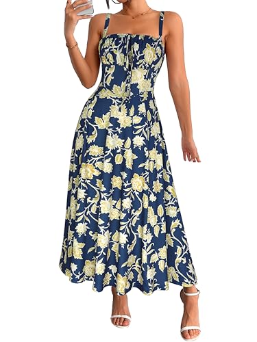 Image of YATHON Women's Summer Midi Corset Boho Dresses Spring Casual Floral Spaghetti Straps Lace Up Dress Flowy Aline Beach Sundress