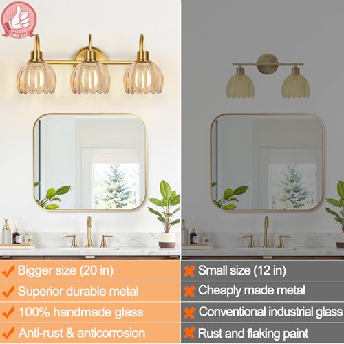 Image of Bathroom Light Fixtures, 3-Light Brushed Gold Vanity Lights for Bathroom with Ribbed Amber Tulip Glass Shade, 20 in Bathroom Vanity Lights Over Mirror for Bedroom, Living Room, Hallway