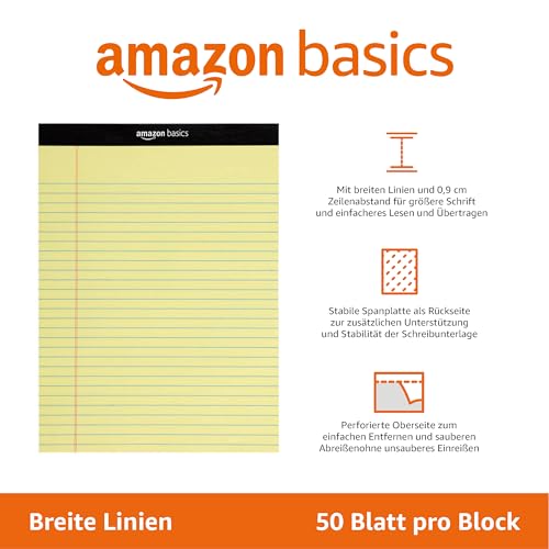 Amazon Basics Legal/breit liniert 50 Blatt pro Pad, 21.59 cm x 29.8 cm (Packung mit 12 Stück), Kanarisch