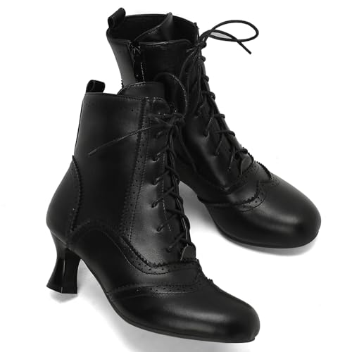 KysBloes Vintage Victorian Boots for Women Kitten Heel Ankle Boots Lace Up Low Heel Witch Shoes Oxford Wingtip Boots(1-Black,US size 8.5)3