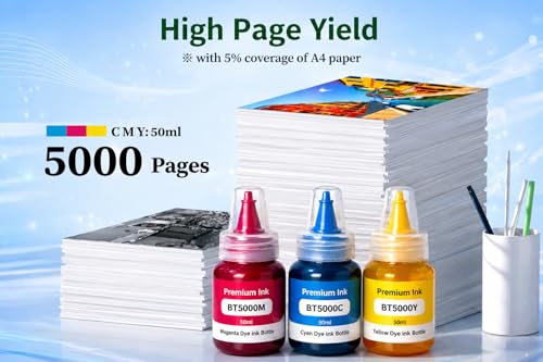 Image of ROHINK Premium Dye Ink Bottles for Brother Printers, T220, T300, T310, T420, T500, T520, T820, T920, T510, T910, T710, T4500W, T800W, T710W - Printer (BTD 5000 CMY Pack of 3)