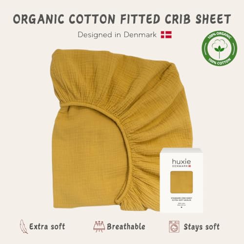 Image of Crib Sheets - Organic Cotton Muslin Fitted Crib Sheet - Standard Size for Baby Boy and Baby Girl 28 inch x 52 inch Ultra-Soft and Breathable. (Autumn Yellow)