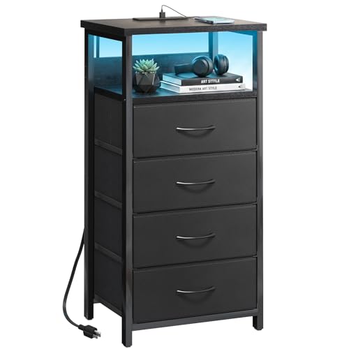 Image of Fixwal Night Stand with 4 Fabric Storage Drawers, Tall Nightstand Bedside Table with Charging Station & Led Lights, Fabric Dresser for Bedroom, Black