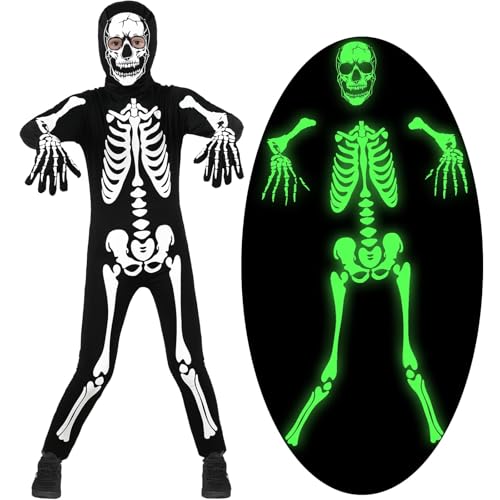 Lubolee Halloween Kostüm Kinder, Skelett Kostüm Kinder Leuchtend für Jungen mit Ganzkörperanzug und Handschuhen Karneval