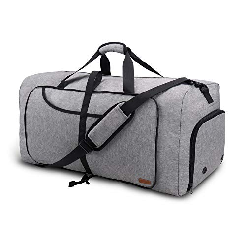 Vogshow Travel Duffel Bag, 75L Foldable Overnight Weekender Bag With Shoes Compartment for Men Women Convertible Luggage Bag Water-Resistant Large Gray