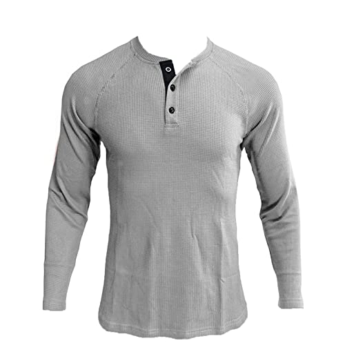 Men's Henley Shirt Long Sleeve Waffle Thermal Underwear Henley Top Casual Slim Fit Lightweight 3 Button T Shirts (Grey1,Large)
