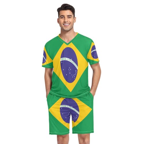 Camisas de pijama para hombre abotonadas de manga corta transpirables bandera de Brasil