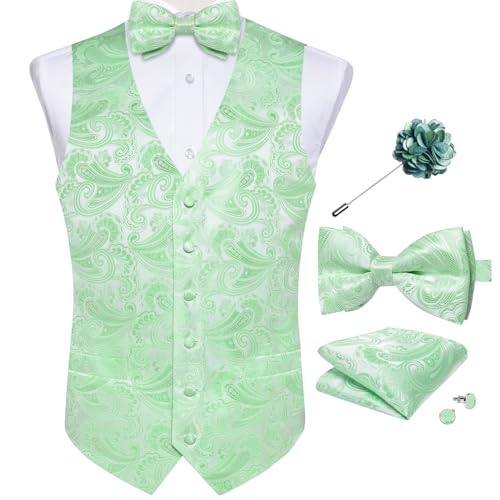 Image of DiBanGu Mens Paisley Suit Waistcoat,Silk Dress Vest and Bowtie Pocket Square Cufflinks with Lapel Pin Set for Wedding Tuxedo