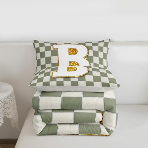 Image of Erosebridal Sage Green Checkered Bedding Set Twin Plaid Initial B Comforter Set for Kids Adults Personalized Monogram Down Comforter,Fashion Grids Gingham Quilt Duvet