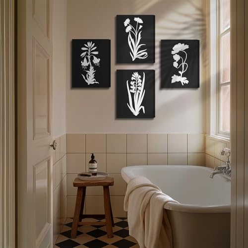 crmotu Black and White Wall Art Set of 4, Minimalist Botanical Prints Rustic Home Decor, Neutral Floral Vintage Canvas Painting, Nature Pictures Wall Decor Living Room Bathroom Kitchen, 12x16inch