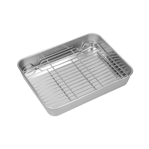 Joyzan Stainless Steel Roasting Pan, Turkey Toaster Oven Tray Nonstick Baking Roaster Lasagna Roasts Broiling Sheet with cooling rack Set Barbeque Grill Chicken Meat Cooking Ham Dishwasher Safe Cake