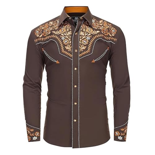 Generisch Camisas de vaquero para hombre de estilo occidental, manga larga, camisas bordadas, Slim Fit, camisa informal de botón con bolsillos, marrón, XL