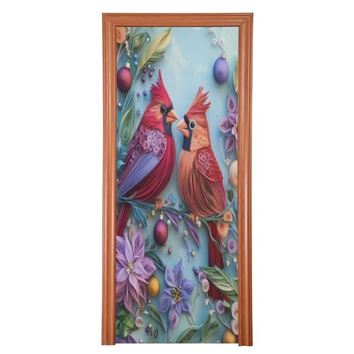 J JOYSAY Red Christmas Birds Door Decorations Door Cover Xmas Door Covers Front Door Covers Decoraions for Christmas Decorations,36x98 in