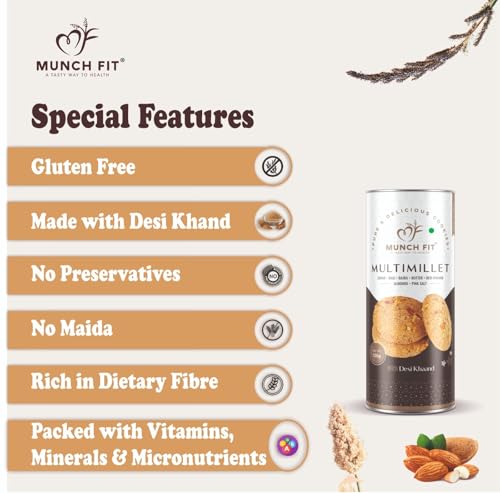 Image of Munch Fit Healthy Multimillet Cookies 125gm Pack of 4 | Egg Less Cookies Made Desi Khand with Jowar Ragi Bajra Cookies | Gluten Free, No Maida, No Added Sugar | 100% Natural Crunchy Snacks